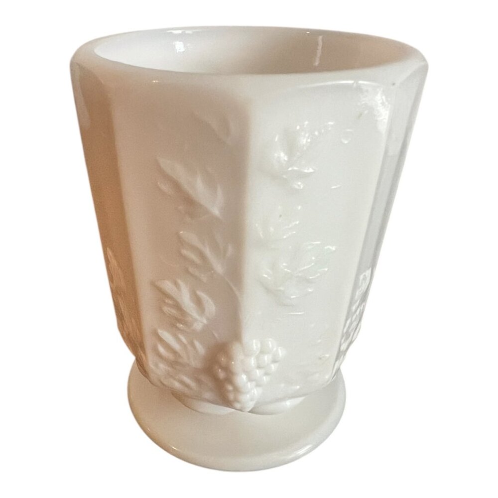 Westmoreland Milk Glass Footed Cup Grapes & Leaves Design 3 in Diameter 4 in Tal